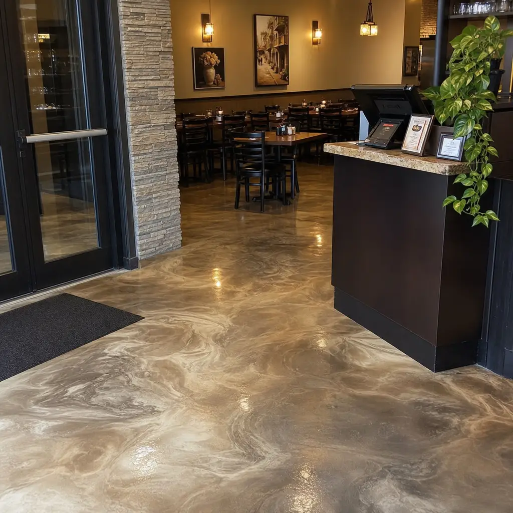 Restaurant entrance with polished swirled concrete floor