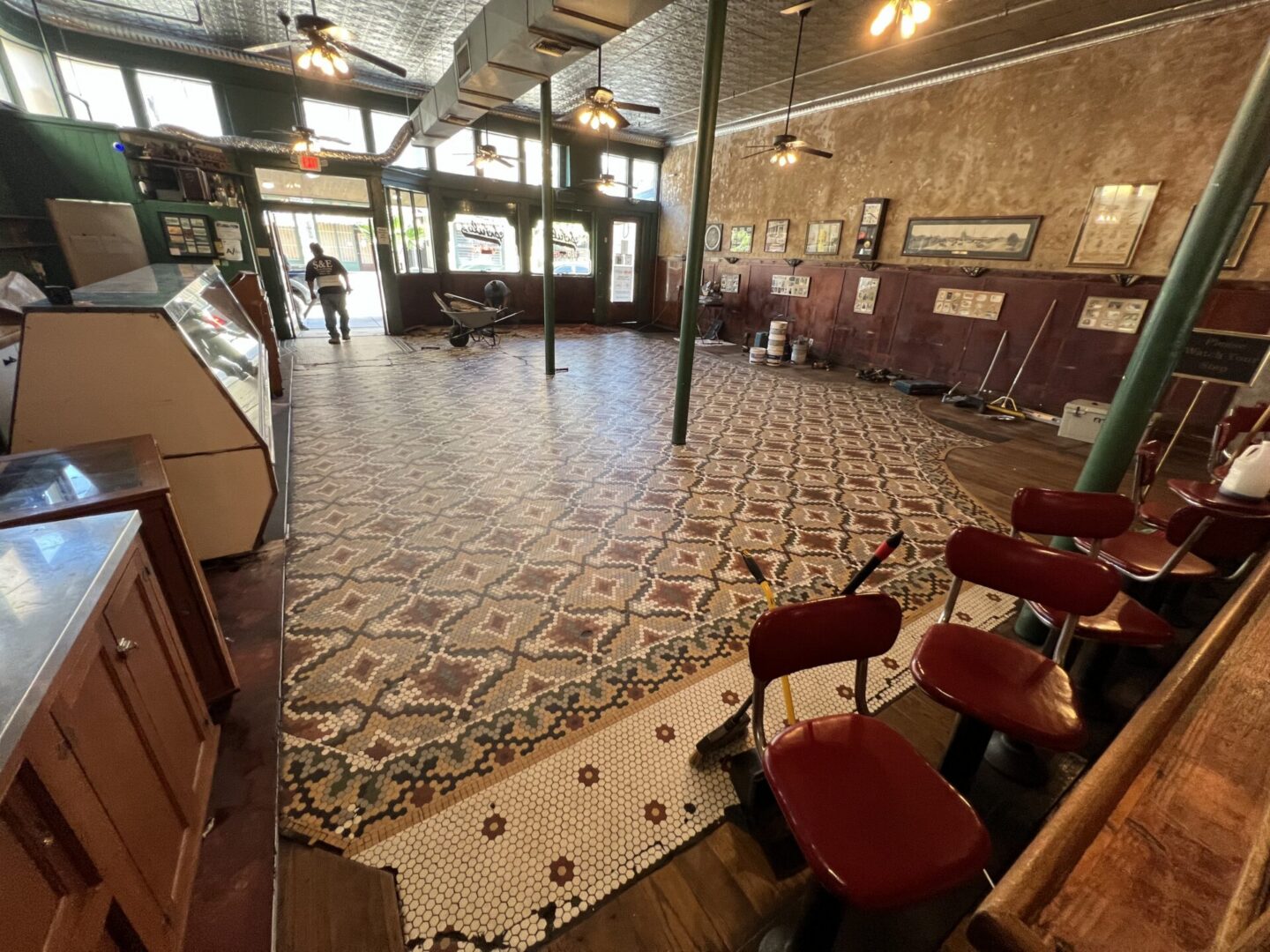 Vintage barber shop interior with tiled floor