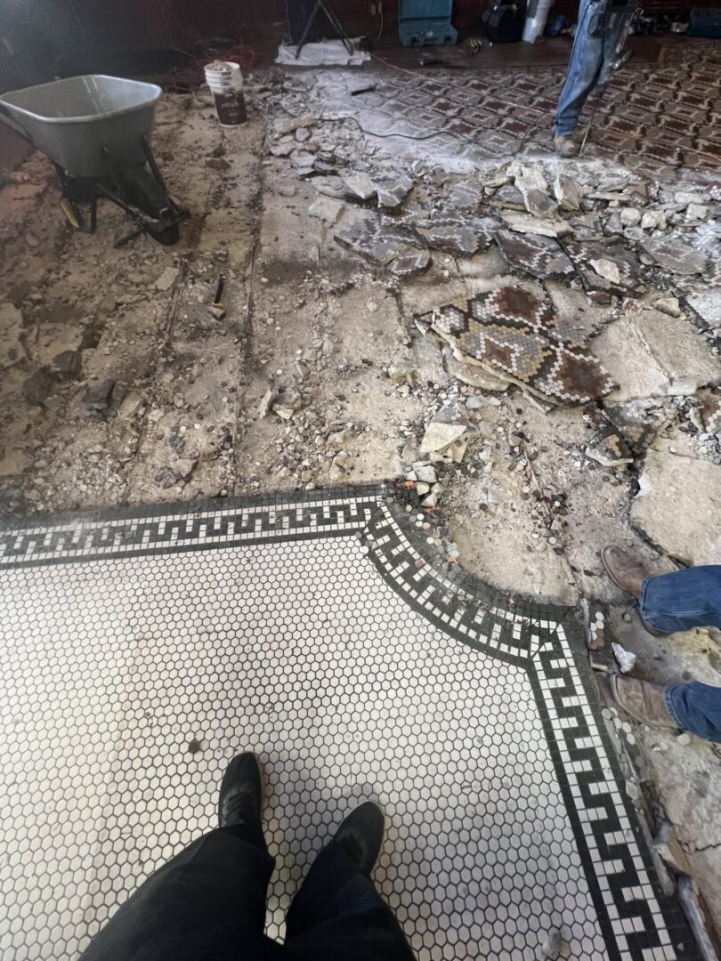 Partially demolished vintage mosaic tile floor