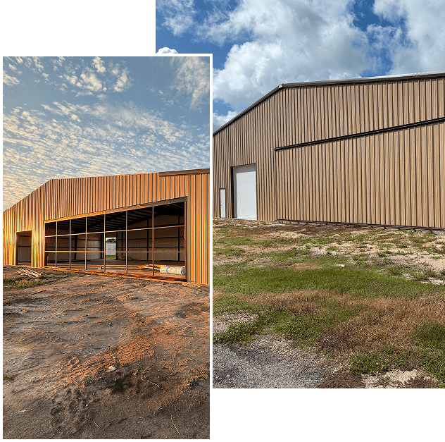 Tan metal warehouse with open bay doors