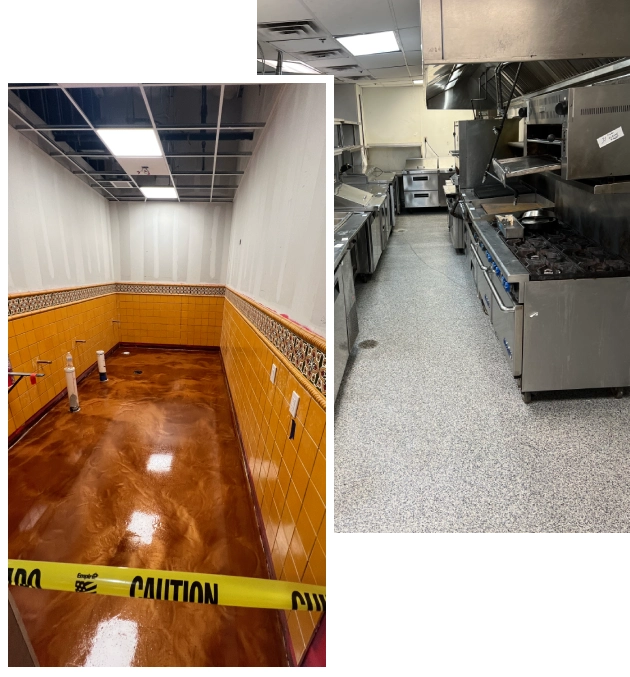 Commercial kitchen under construction and completed.
