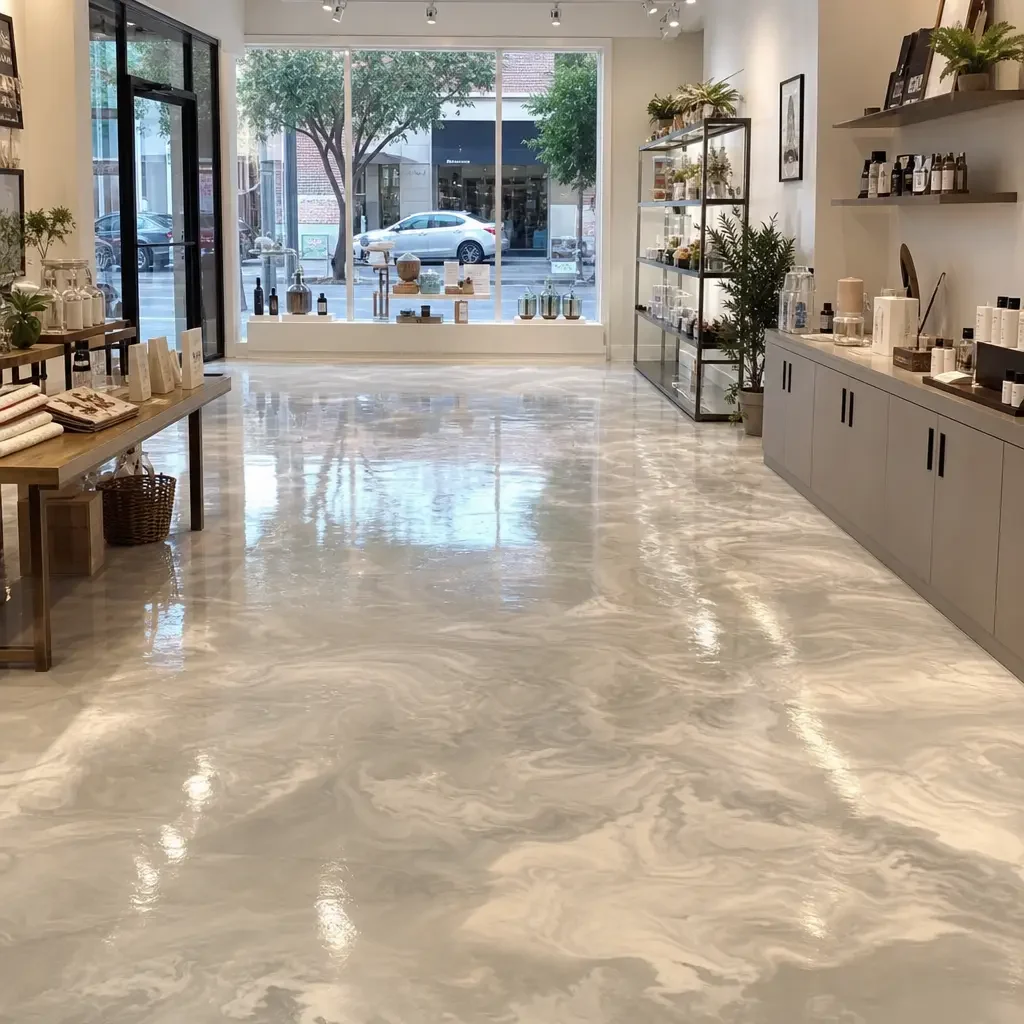 Stylish interior showcasing a glossy Metallic Epoxy Flooring with a modern aesthetic and natural light from large windows.