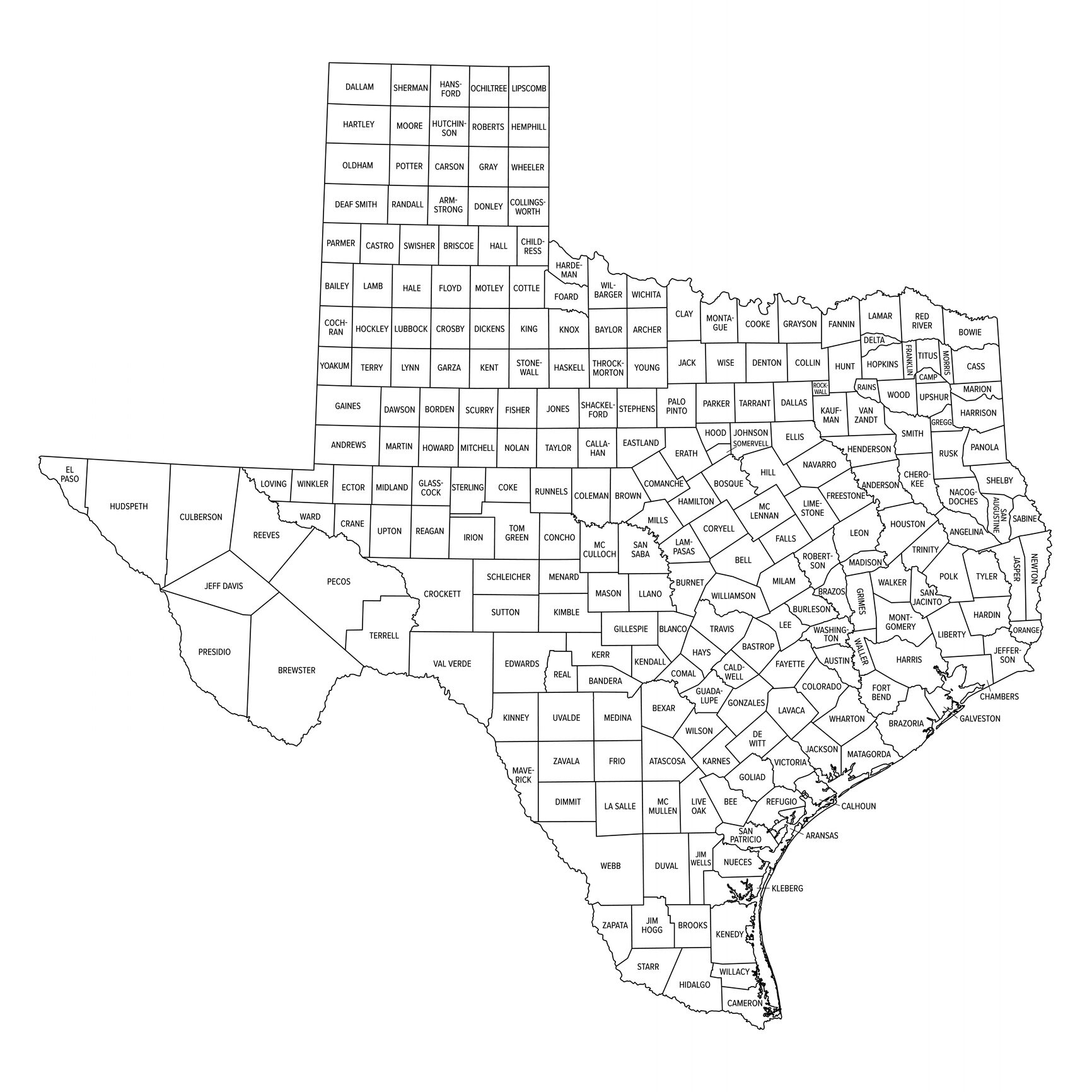 Map of Texas counties outlined in black.